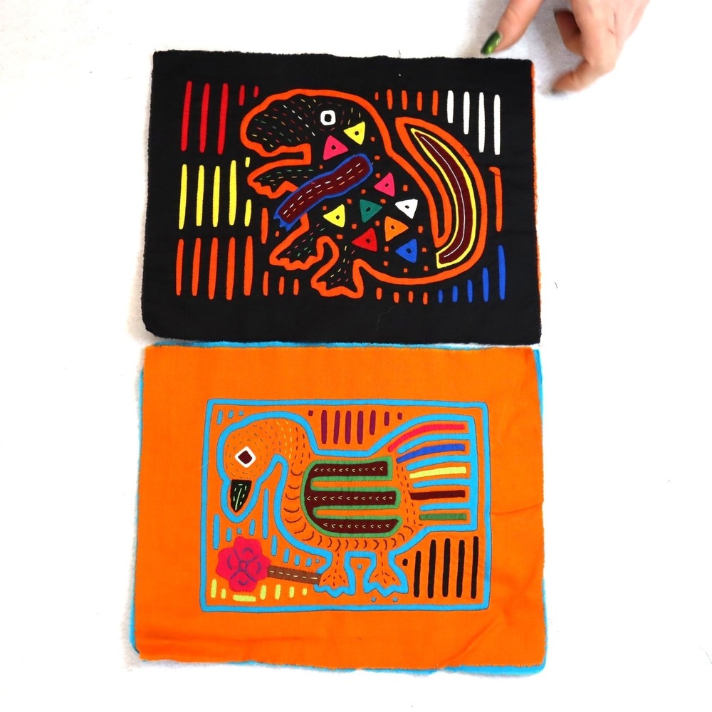 Vintage Kuna Mola Textile Panels Pair Folk Art Animals‎